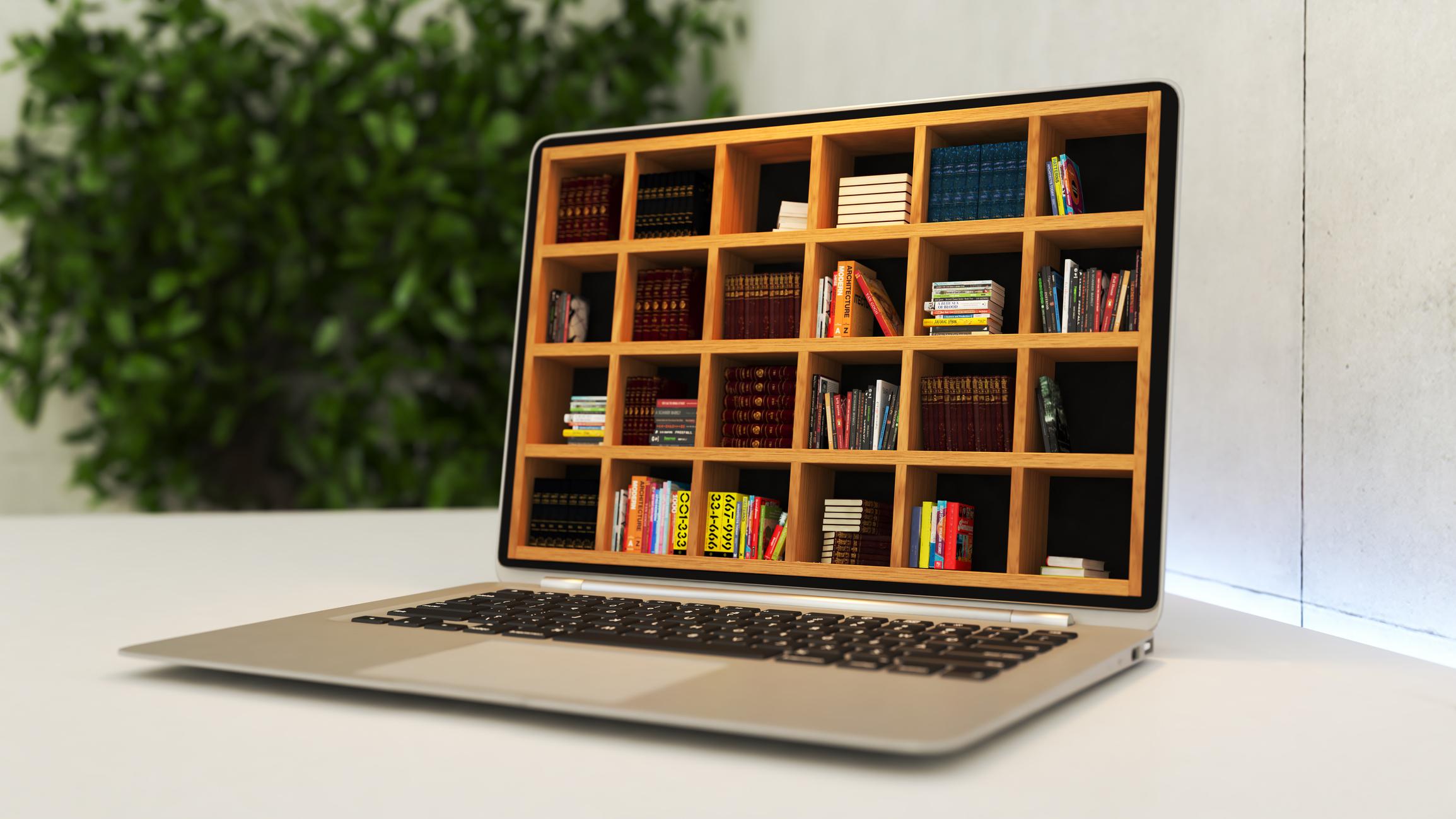Laptop with online library realistic 3D rendering Laptop with online library deep of field realistic 3D rendering